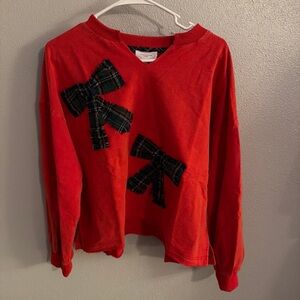 Cozy Red Sweater with Plaid Bow Accents